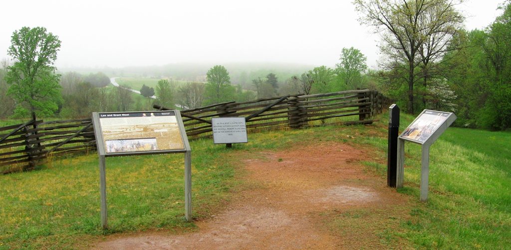Salute of Arms and Lee and Grant Meet wayside markers at Appomattox Court House National Historic Park