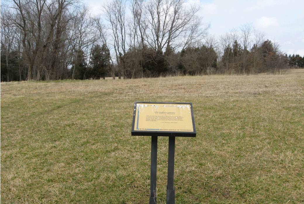 The 19th Indiana Infantry trailside marker is on the Brawner Farm loop trail at Stop One on the Manassas Battlefield Driving Tour.