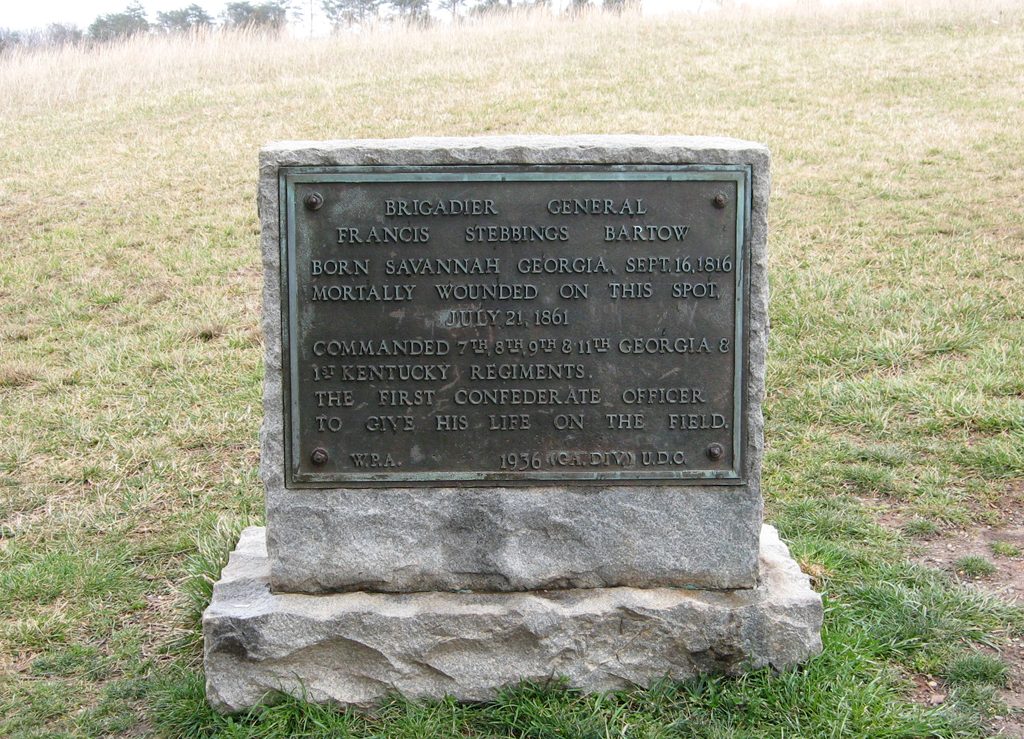 The monument to Confederate Brigadier General Francis S. Bartow is on Henry Hill near the Visitor Center.