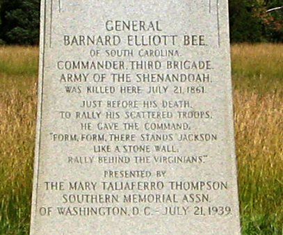 Detail of the inscription from the monument to Brigadier General Bernard E. Bee on the Manassas battlefield