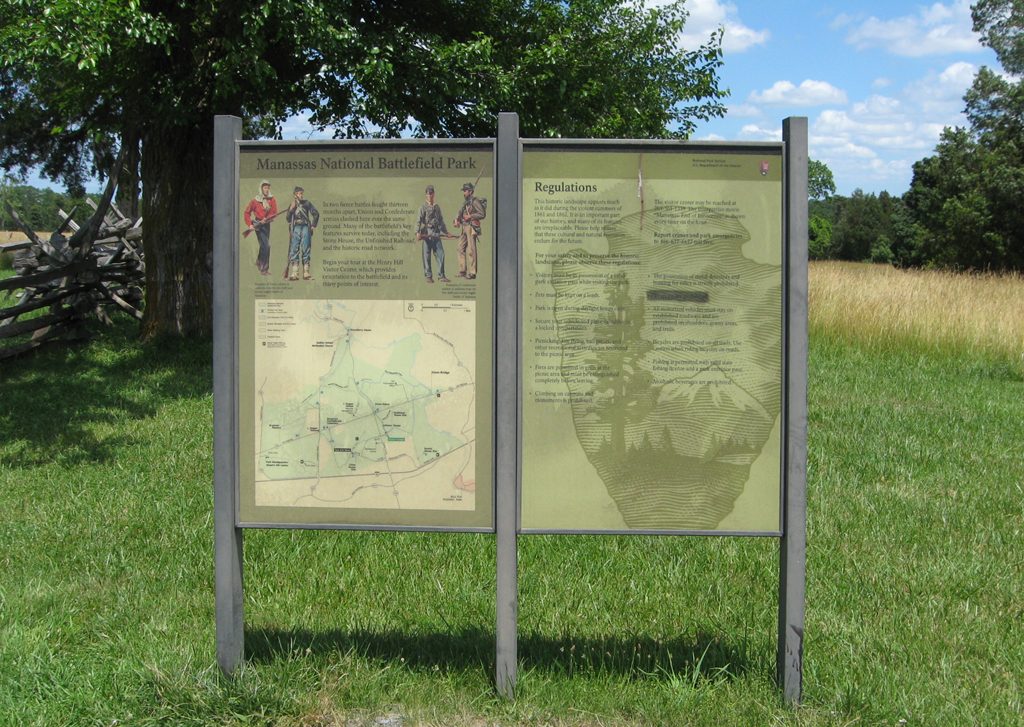 The Chinn Ridge Orientation marker is next to the parking area at Stop Ten of the Manassas Battlefield Auto Tour.