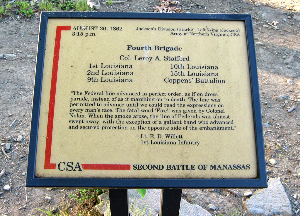 The Fourth Brigade trailside marker is on the Deep Cut loop trail at Stop 7 of the Manassas Battlefield Driving Tour.