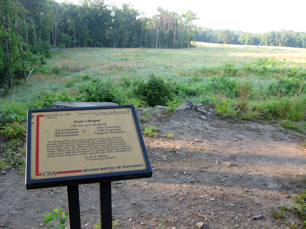The Fourth Brigade trailside marker is on the Deep Cut loop trail at Stop 7 of the Manassas Battlefield Driving Tour.