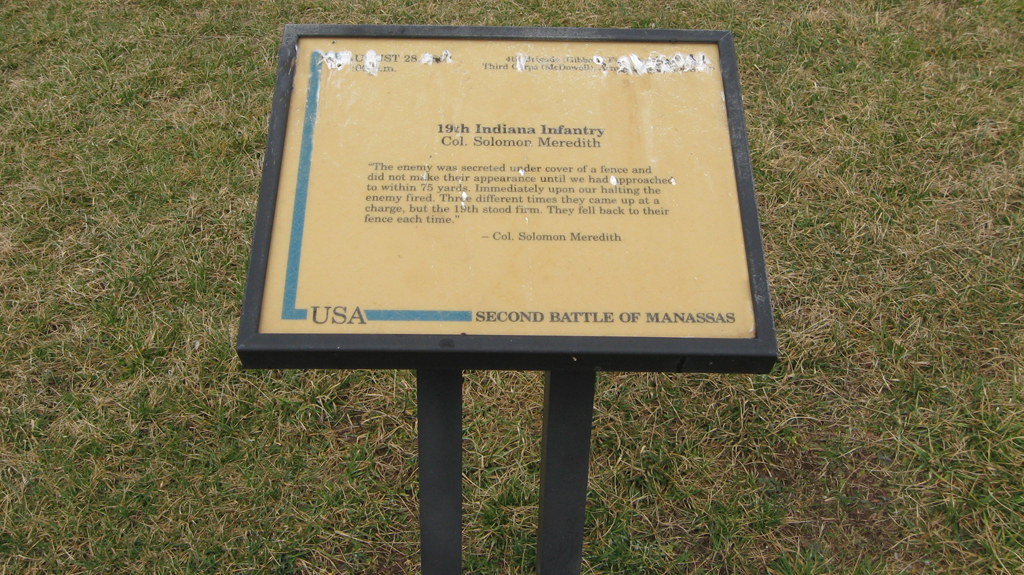 The 19th Indiana Infantry trailside marker is on the Brawner Farm loop trail at Stop One on the Manassas Battlefield Driving Tour.