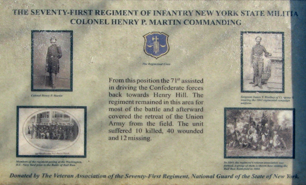 The 71st New York State Militia trailside marker is on the Matthews Hill Loop Trail which begins at Stop 4 on the Manassas Battlefield Driving Tour.