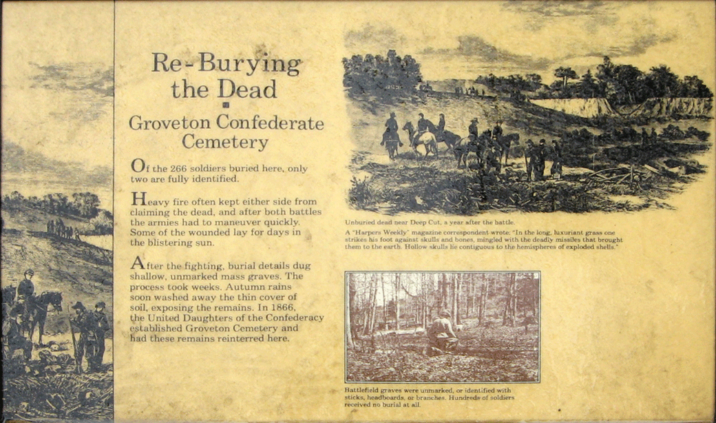 The Re-Burying the Dead wayside marker is at Groveton Confederate Cemetery, Stop 8 on the Manassas Battlefield Driving Tour.