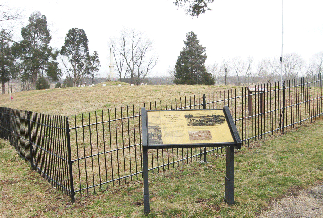 The Re-Burying the Dead wayside marker is at Groveton Confederate Cemetery, Stop 8 on the Manassas Battlefield Driving Tour.