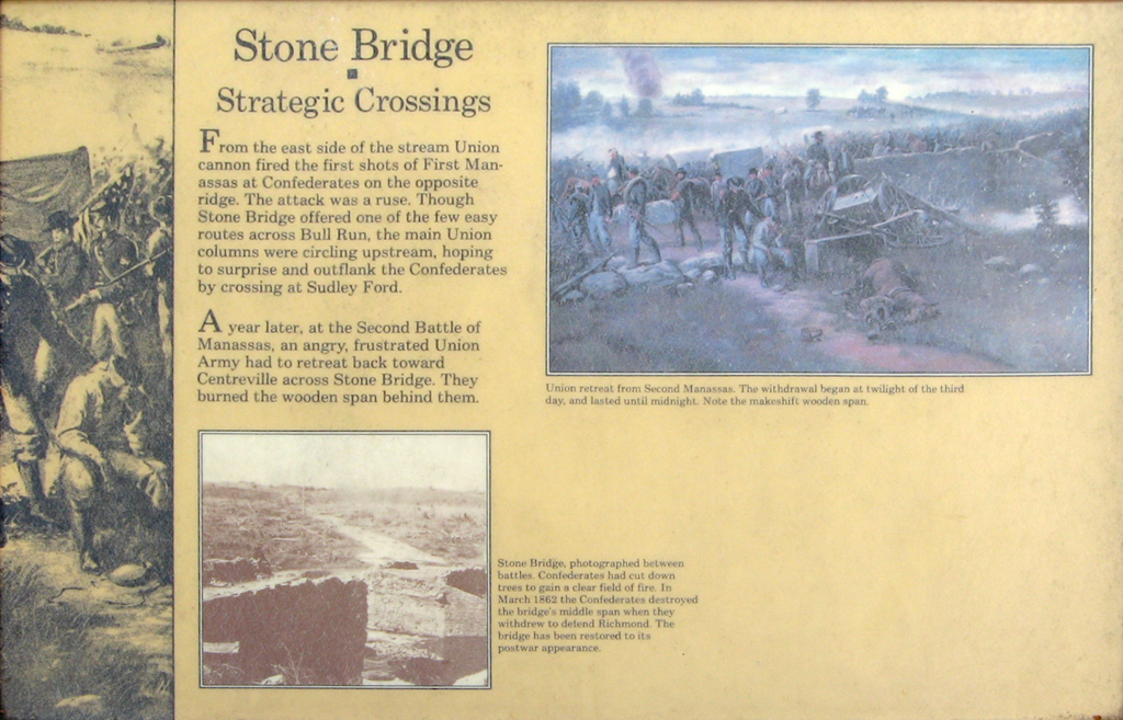 The Stone Bridge wayside marker is next to the parking area beside the Stone Bridge, at Stop 12 of the Manassas Battlefield Driving Tour.