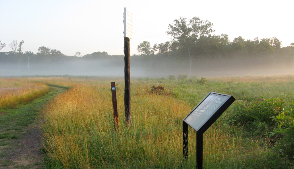 The On the Skirmish Line wayside marker is on the Deep Cut loop trail at Stop 7 of the Manassas Battlefield Driving Tour.