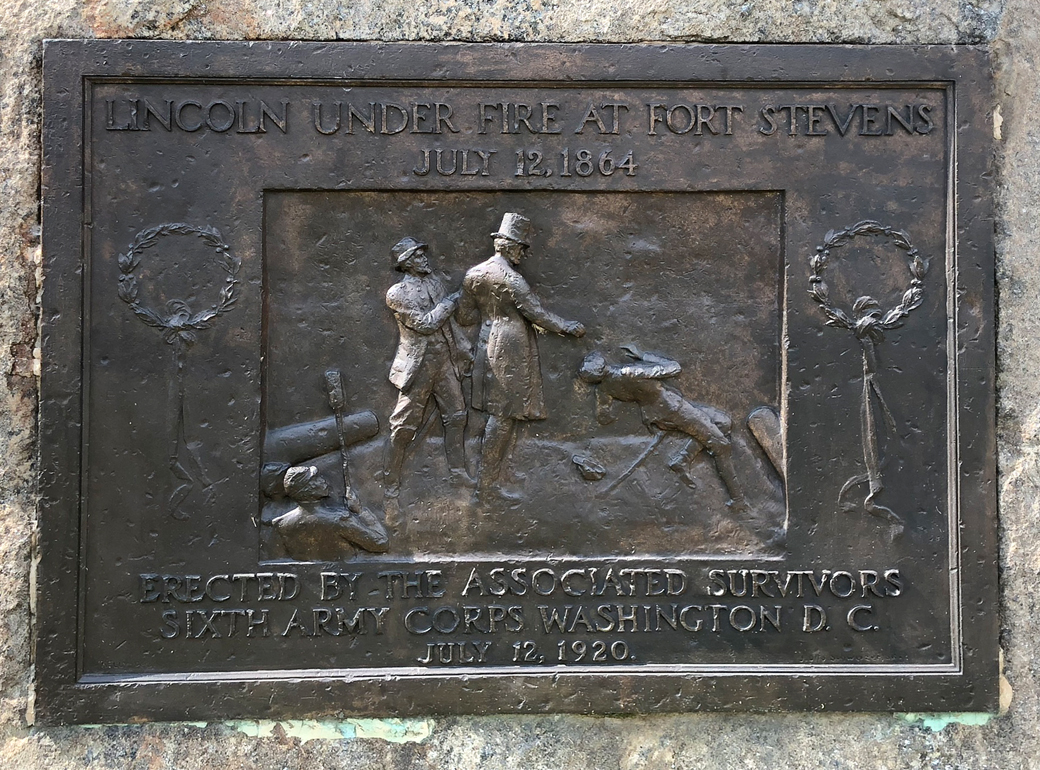 Closeup of the bronze tablet from the Lincoln Under Fire monument at Fort Stevens